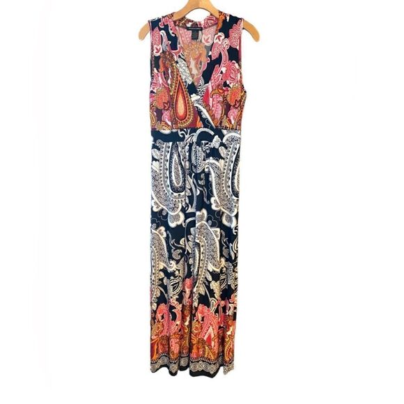 Susan Lawrence M Black Orange Paisley V-Neck Relaxed Flowy Maxi Vacation Dress - Picture 1 of 6